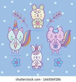 lindas gatitos ratones ardilla cola flores arco iris caricatura ilustración vectorial