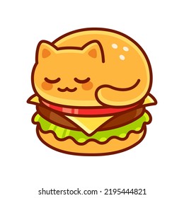 Cute cat burger cartoon, funny kawaii cheeseburger drawing with cat shaped bun. Vector clip art illustration.