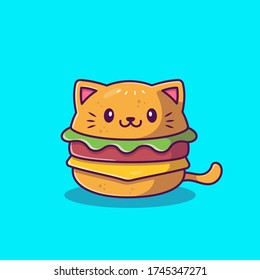 Cute Cat Burger Cartoon Vector Icon Illustration. Food Animal Icon Concept Isolated Premium Vector. Flat Cartoon Style 