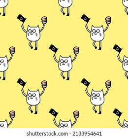 Cute cat with burger and flag, seamless pattern background illustration for t-shirt, sticker, or apparel merchandise. With doodle, retro, and cartoon style.