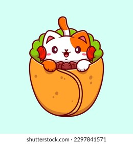 Cute Cat in Burrito Cartoon Vector Icon Illustration. Animal Food Icon Concept Isolated Premium Vector. Flat Cartoon Style
