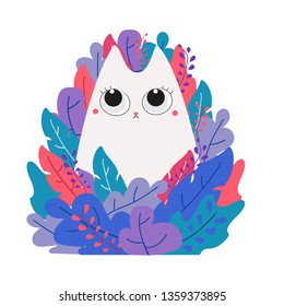 Cute cat in bush, vector illustration