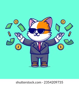 Cute Cat Businessman With Money Cartoon Vector Icon Illustration. Animal Business Icon Concept Isolated Premium Vector. Flat Cartoon Style