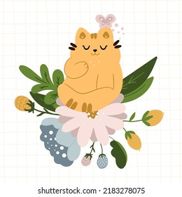 Cute cat with a butterfly in flowers on a checkered background. Flat cartoon style for baby shower, baby store, books