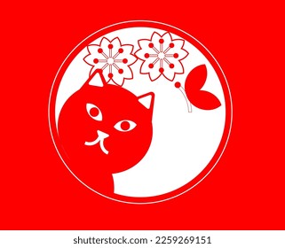 Cute cat and butterfly icon with cherry blossom flowers.