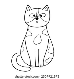 Cute cat with a butterfly on its nose in black and white. Funny feline character isolated element in outline. Great for coloring page, prints and cards. Vector illustration