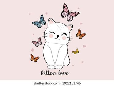 cute cat with butterfly and pink white rabbit white cat happy positive heart sticker  meow