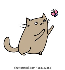 cute cat and butterfly. vector illustration