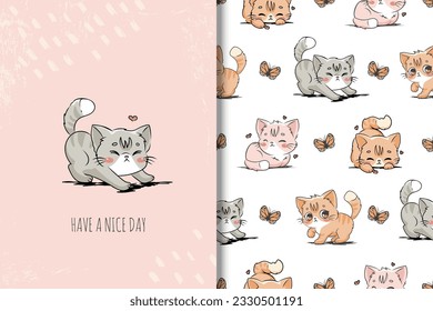 Cute cat with butterflys card and seamless pattern