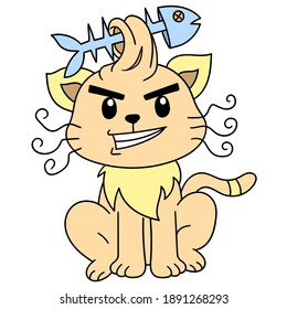 cute cat by bringing foreign fish for food, character cute doodle draw. vector illustration