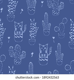 Cute cat and Cactus seamless pattern. Childish illustration. Lineart on blue background. Hand drawn cactus and cat. Home plants succulents pattern for kids. Cute cactus doodle, floral pattern.