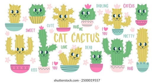 Cute cat cactus smiling flowerpots characters set. Kawaii kitten succulent plants in pot emoticons drawing vector illustration. Doodle domestic pet animal in shape of houseplants funny faces