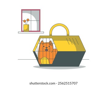 Cute cat in a cage, adorable animal going to the vet. Character design. Vector flat illustration