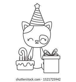 cute cat with cake of birthday and gift box vector illustration design