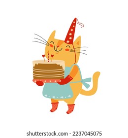Cute cat with cake. Happy orange kitten in party hat with sweet gift. Cartoon pet, funny character. Hand drawn vector illustration for kids, isolated on white. Flat design. Idea for birthday card