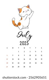 Cute Cat Calendar for July 2025, A charming illustration of a cartoon cat joyfully raising its paw, featured in a calendar layout for July 2025