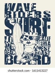 Cute cat California surfing team grunge vector artwork for children wear