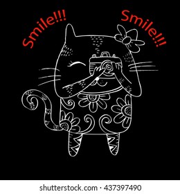 Cute cat with a camera. Cartoon style.