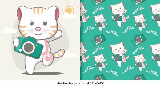 cute cat with camera with seamless pattern