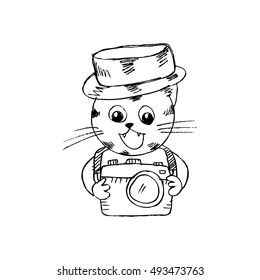 Cute cat with a camera. Sketchy style.