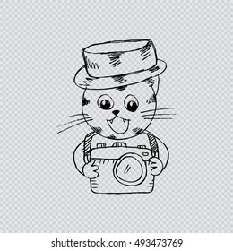 Cute cat with a camera. Sketchy style.