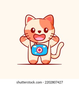 cute cat with camera smiling pose. Flat cartoon style. Vector illustration.