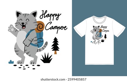 Cute cat camp illustration with tshirt design premium vector the Concept of Isolated Technology. Flat Cartoon Style Suitable for Landing Web Pages,T shirt, Flyers, Stickers