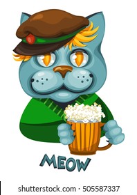 Cute cat in a cap and clothing holding a mug of beer in his paws. Vector illustration of a pet during the holidays