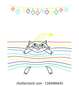 Cute cat in a cap, a garland of hearts. Design for birthday card, party, invitation. Vector illustration.