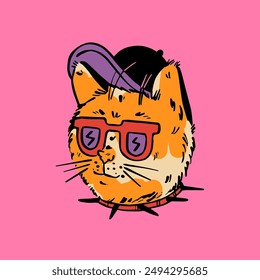 Lindo gato con gorra, gafas y cuello. Estilo de dibujos animados. Ilustración vectorial de moda.