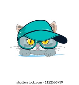 Cute cat in a cap and glasses. Vector illustration