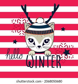 Cute cat in cap and wit deer antlers vector illustration. Christmas kitty. Merry Christmas card.