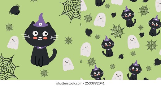 Bonito cartão de gato halloween e padrão de desenho animado gato com fantasma halloween. bonito papel de parede de halloween para impressão de tecido, papel de embrulho de presente