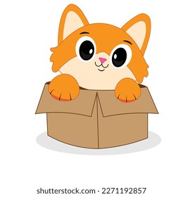 cute cat in a cardboard box. Kitten is looking out of a box. Vector