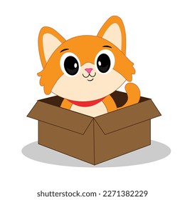 cute cat in a cardboard box. Kitten is looking out of a box. Vector