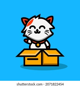 cute cat in a cardboard, cartoon pet doodle drawing for children