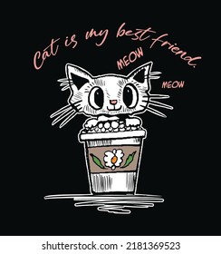 cute cat in a cardboard coffee mug.Design suitable for t shirt and poster.