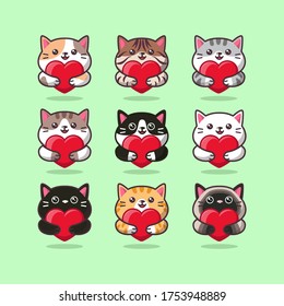 Cute cat care emoticon hugging a red heart sticker