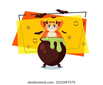 Cute cat in carnival costume brewing potion in cauldron vector illustration. Flying bats on abstract background. Halloween, pet, magic concept. Can be used for banner, poster or invitation design