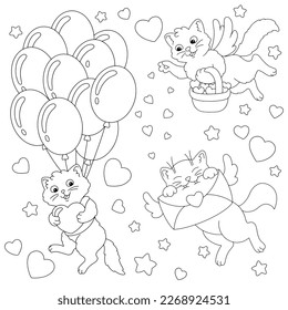 A cute cat carries a gift, hearts and an envelope. Coloring book page for kids. Valentine's Day. Cartoon style character. Vector illustration isolated on white background.