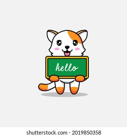Cute cat carrying a chalkboard that says hello