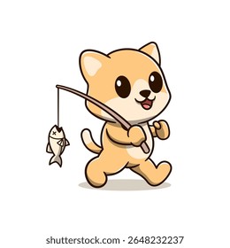 cute cat carrying fishing rod and fish cartoon