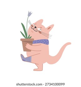 Nette Katze Tragetopf mit Frühlingsblume. Glückliches Kätzchen ist Gärtner. Lustiges Haustier, Zeichentrickfigur, handgezeichnete Vektorgrafik, einzeln auf weißem Hintergrund. Flaches Design. Idee für Karte, Kinderdruck.