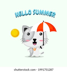 Cute cat carrying umbrella with summer greetings