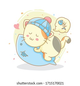 Cute cat cartoon with adorable pillow fish. Child illustration