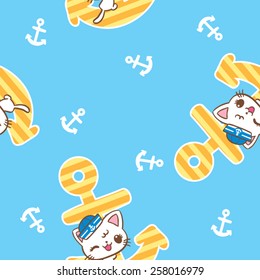Cute Cat cartoon and anchor seamless pattern 