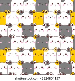 Cute cat cartoon background seamless pattern vector illustration.