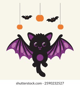 Cute cat cartoon bat. Vector illustration. Cartoon style. Halloween