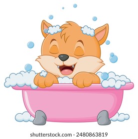 Cute Cat Cartoon Bathing In Bathtub. Animal Nature Icon Concept Isolated Premium Vector. Vector Illustration
