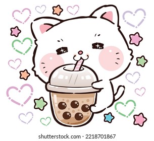 Cute Cat Cartoon, Bubble milk tea, Pearl milk tea , Boba milk tea, Yummy drinks, Baby White kitten, Doodle cartoon style.